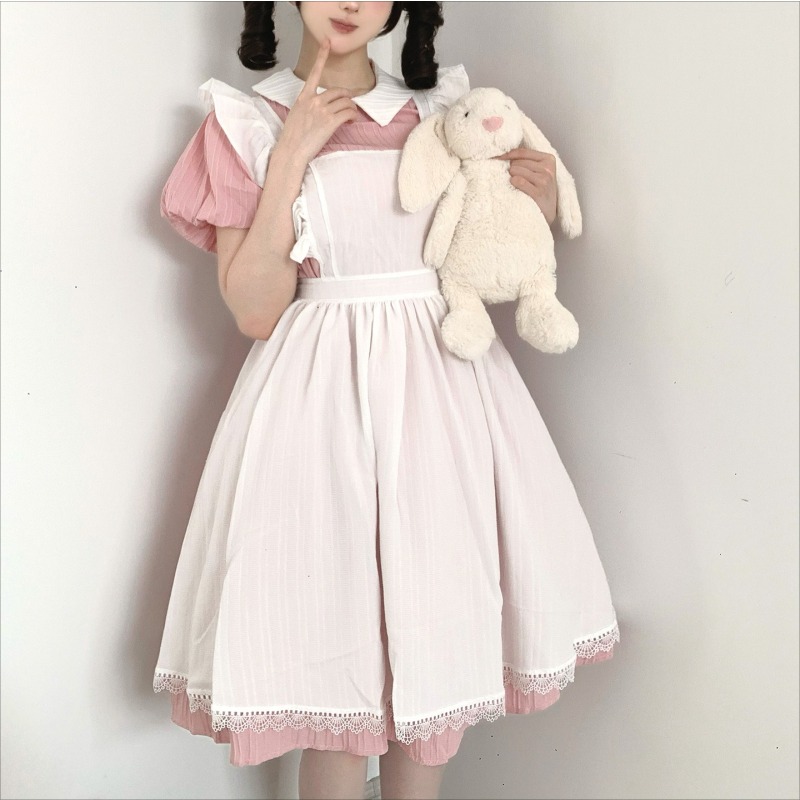 롱 핑크 화이트 메이드 드레스, 피터팬 칼라 러플 앞치 - Vintage Fashion Dresses 리뷰 및 가격