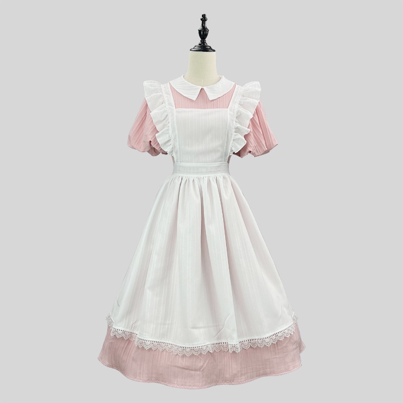 롱 핑크 화이트 메이드 드레스, 피터팬 칼라 러플 앞치 - Vintage Fashion Dresses 리뷰 및 가격