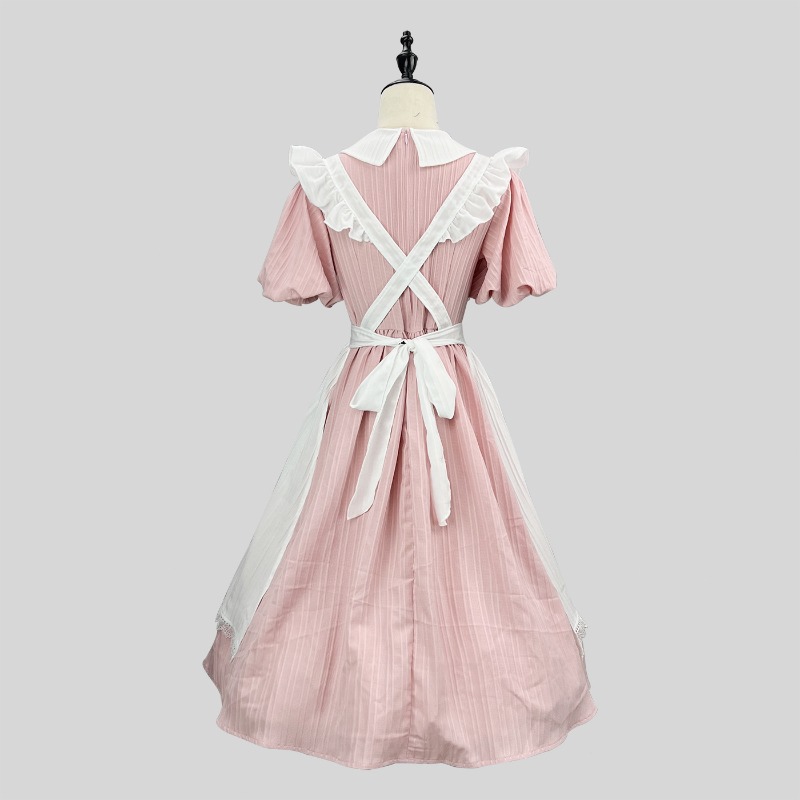 롱 핑크 화이트 메이드 드레스, 피터팬 칼라 러플 앞치 - Vintage Fashion Dresses 리뷰 및 가격