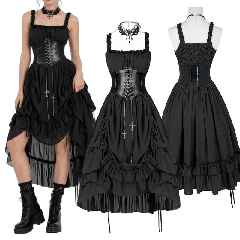 여성 고딕 드레스 코르셋 슬립 블랙 펑크 로리타 불규칙 - Vintage Fashion Dresses 리뷰 및 가격
