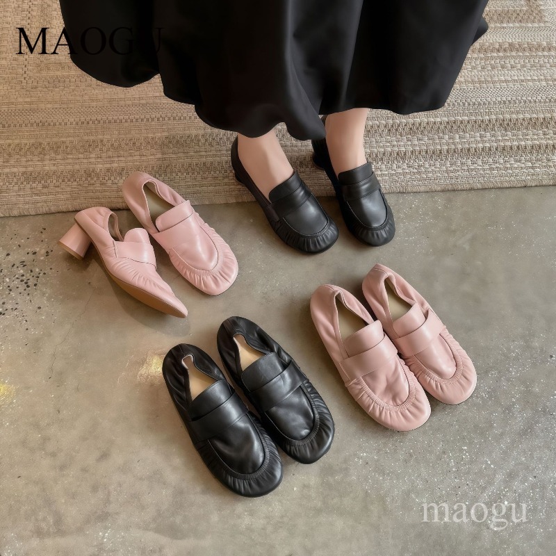 부드러운 가죽 로퍼 여성용 주름 장식 라운드 발가락 슬 - Vintage Fashion Online 리뷰 및 가격